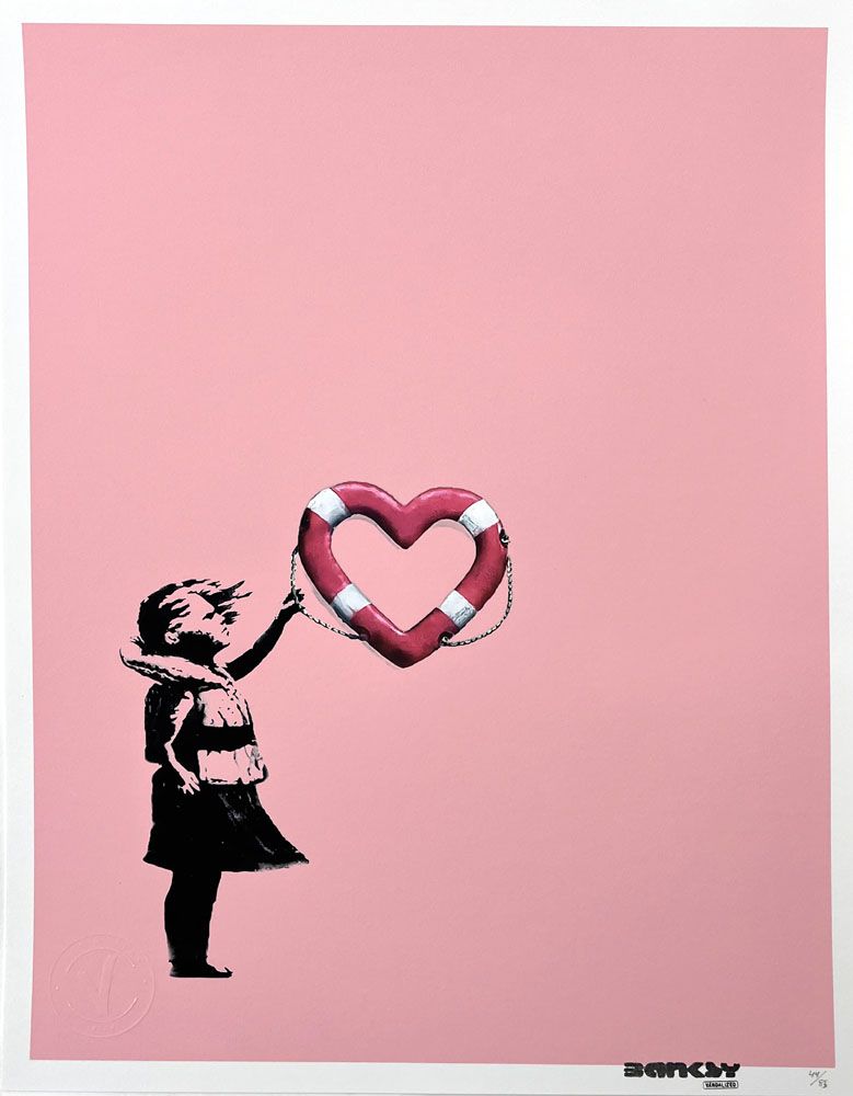 Editions d'art de BANKSY x POST MODERN VANDAL a pour titre  Girl with heart shaped float pink style figuratif dim : BANKSY x POST MODERN VANDALprix:800