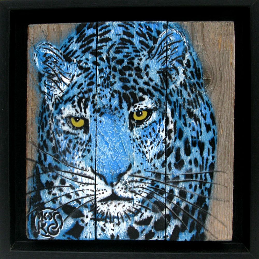 Tableau de MOSKO a pour titre  LEOPARD BLEU DE FACE style figuratif dim : MOSKOprix:420