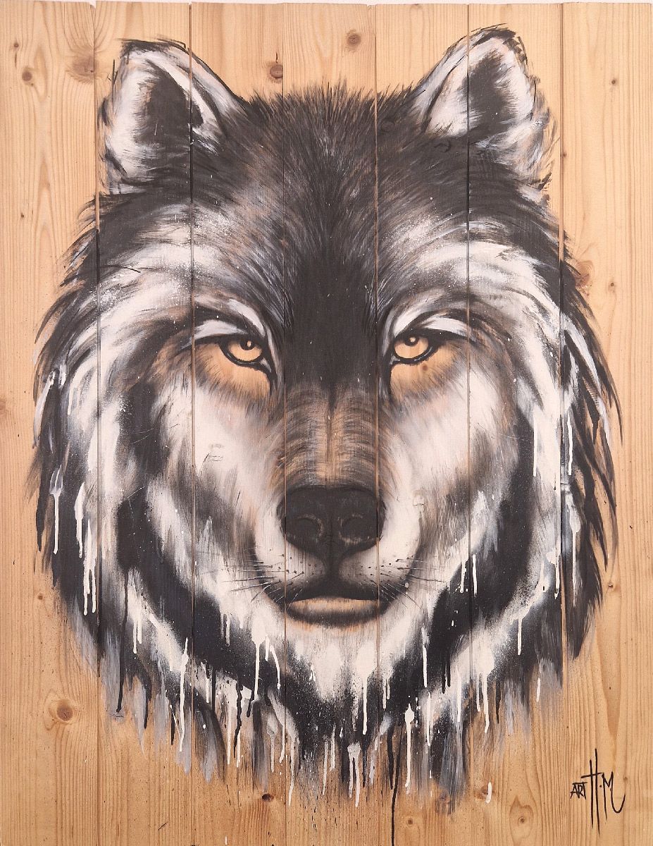 Tableau de ART HM a pour titre  Loup sur Bois style figuratif, graphique dim : ART HMprix:1000