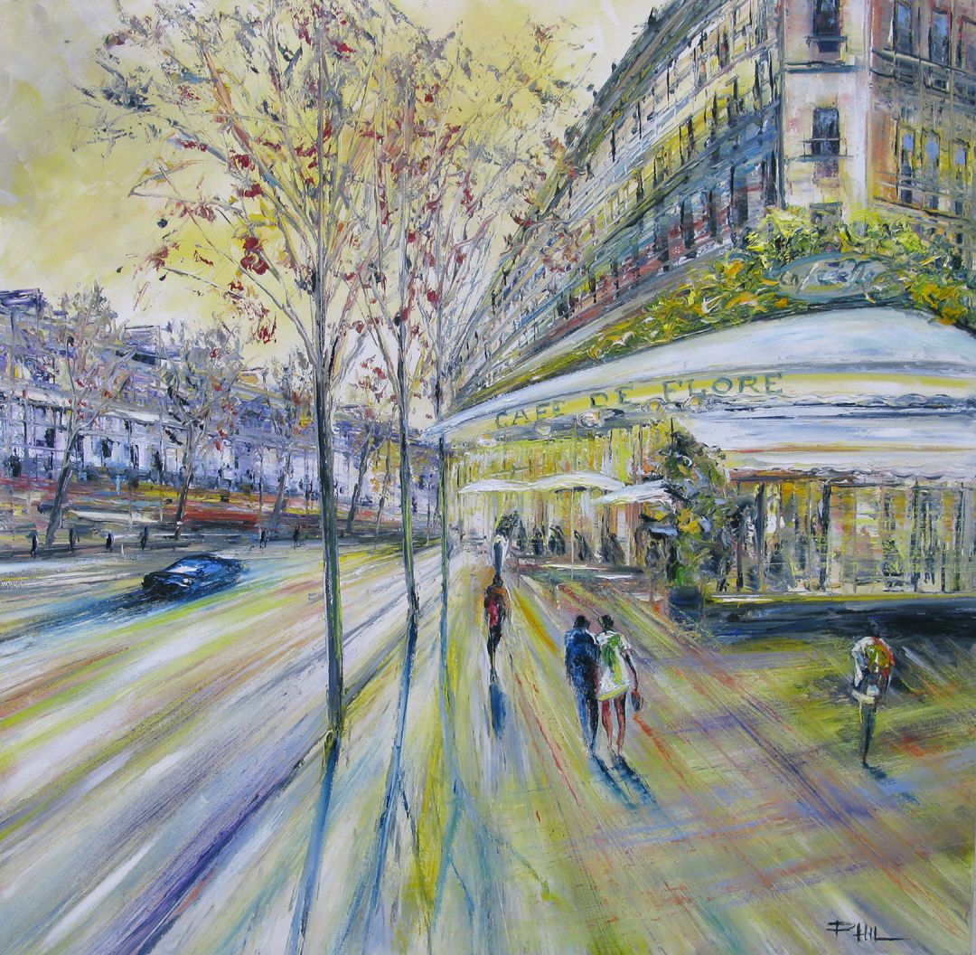 Tableau de PHIL a pour titre  Le Flore, Paris style figuratif dim : PHILprix:350
