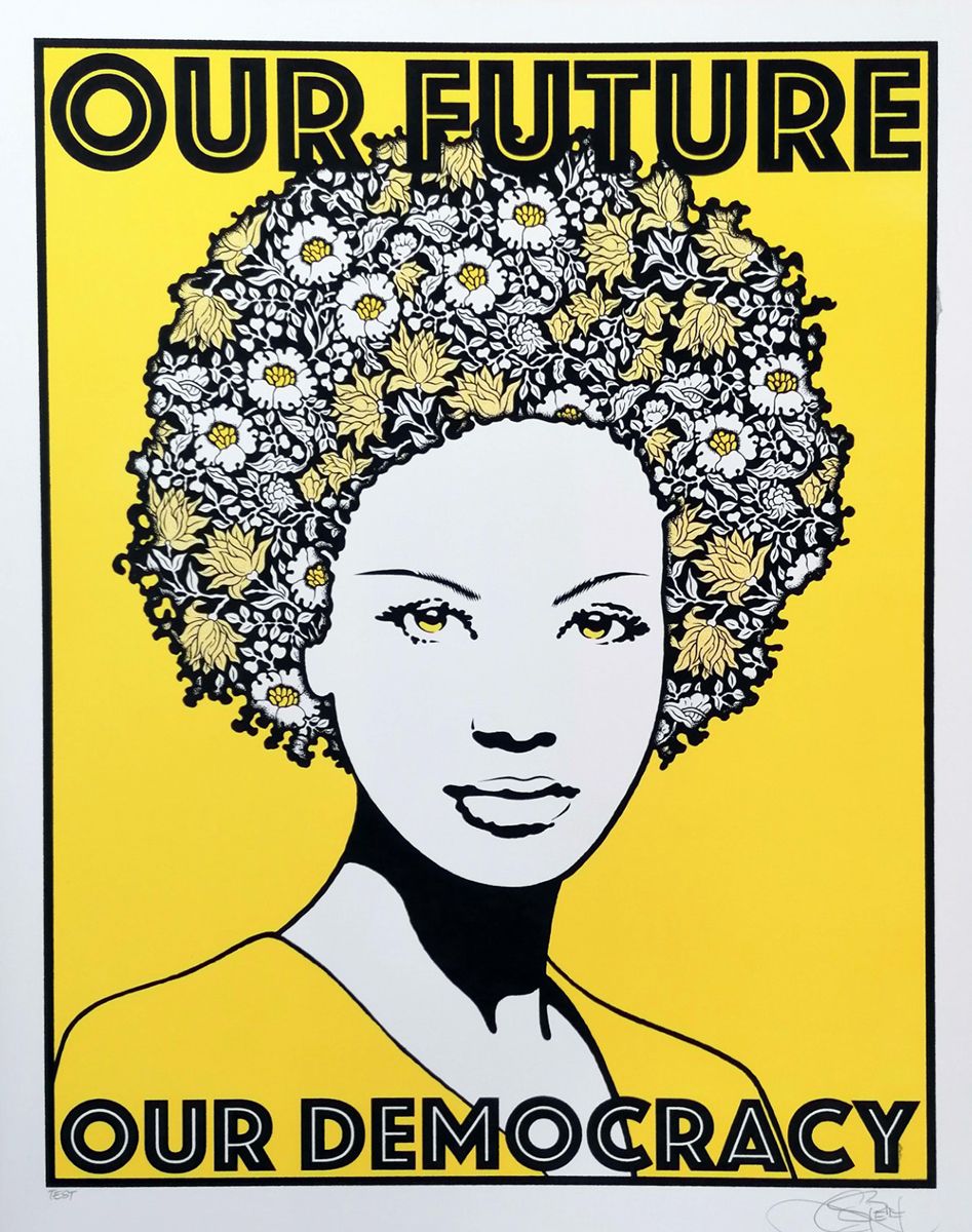 Editions d'art de CHUCK SPERRY a pour titre  OUR FUTURE , OUR DEMOCRACY TEST JAUNE style figuratif dim : CHUCK SPERRYprix:600