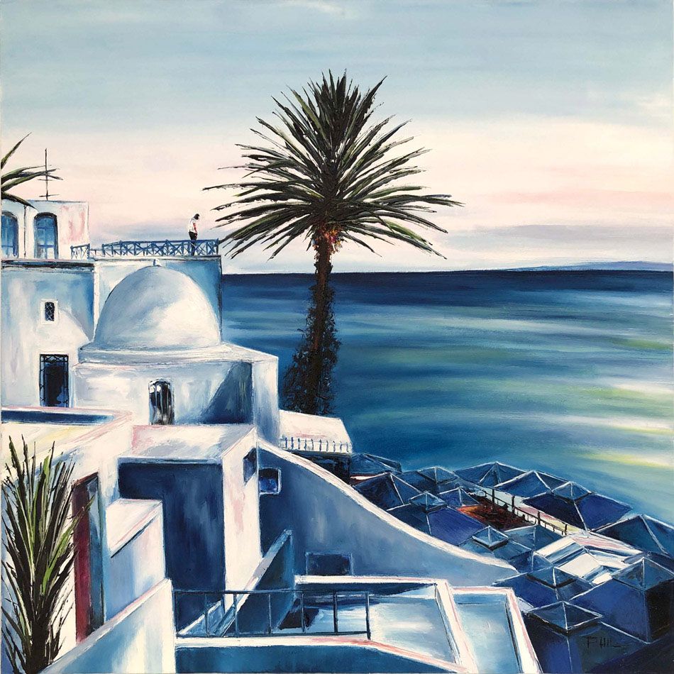 Tableau de PHIL a pour titre  RETOURN TO SIDI BOU SAID style figuratif dim : PHILprix:550
