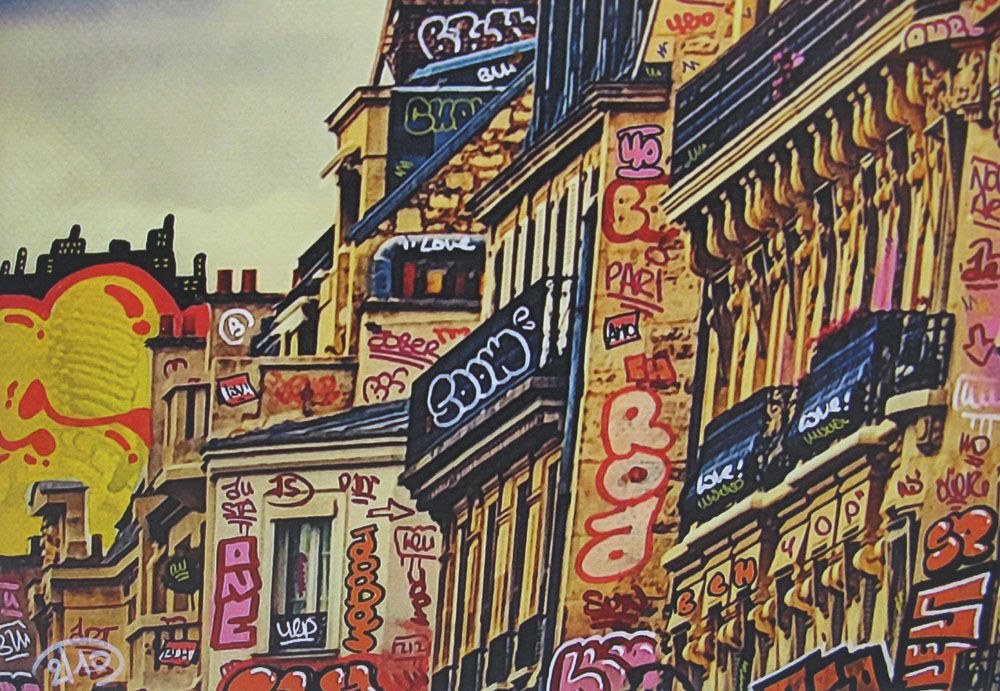 Tableau de BLACH a pour titre  Paris couché de soleil et graffitis brulants style graffiti, street art dim : BLACHprix:220