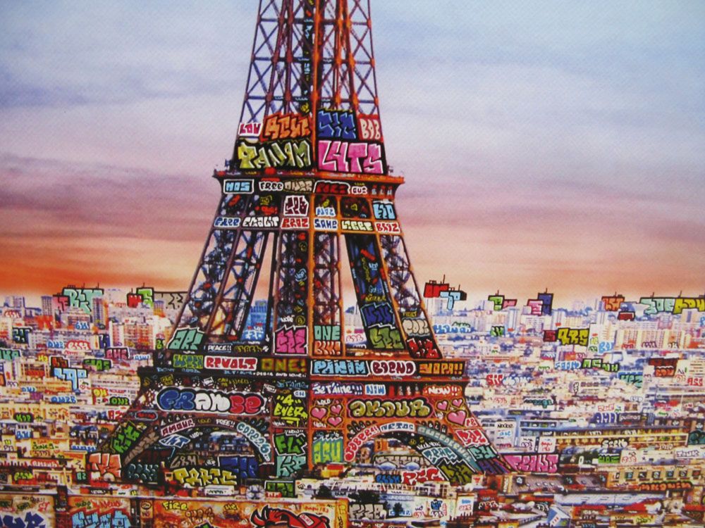 Tableau de BLACH a pour titre  Paris je t'aime style graffiti, street art dim : BLACHprix:160