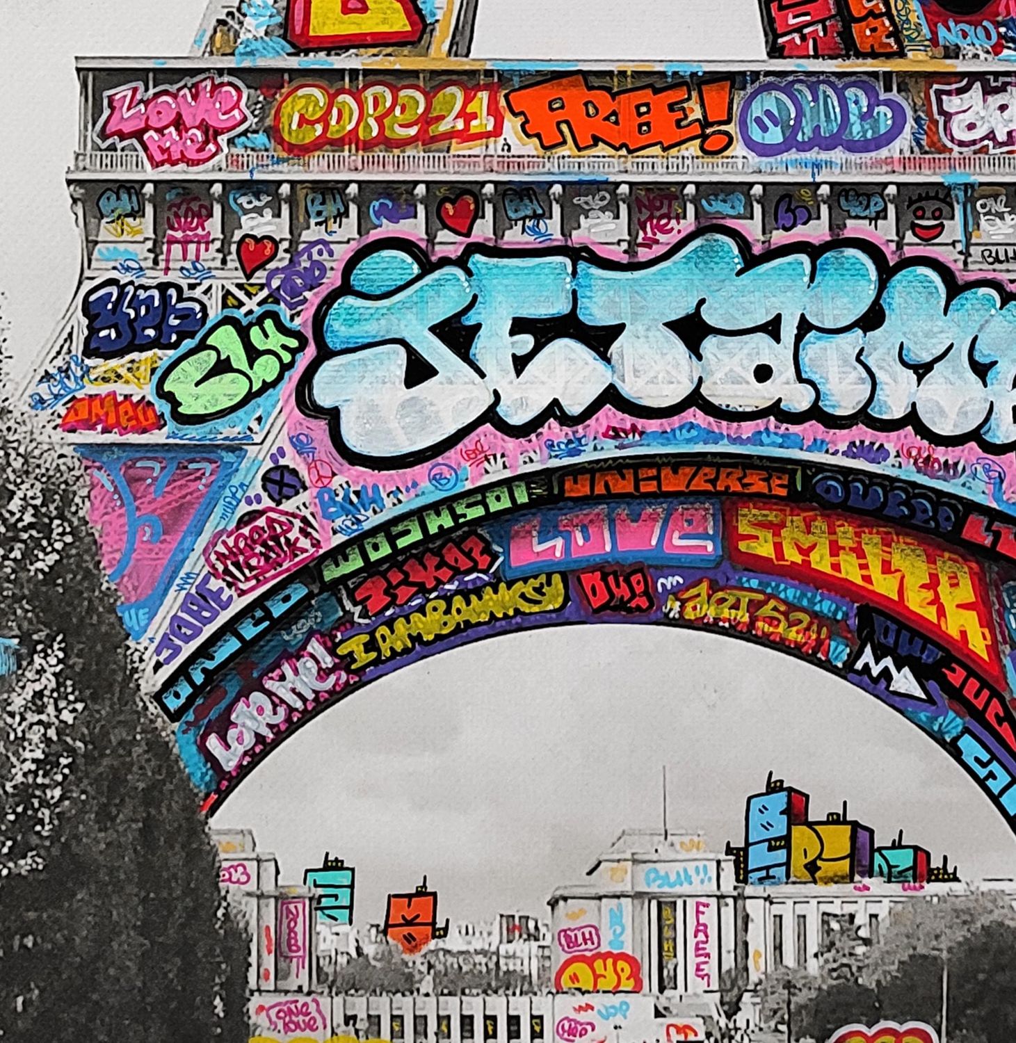Editions d'art de BLACH a pour titre  Paris, la Tour Eiffel en noir et blanc, je t’aime style graffiti, street art dim : BLACHprix:160