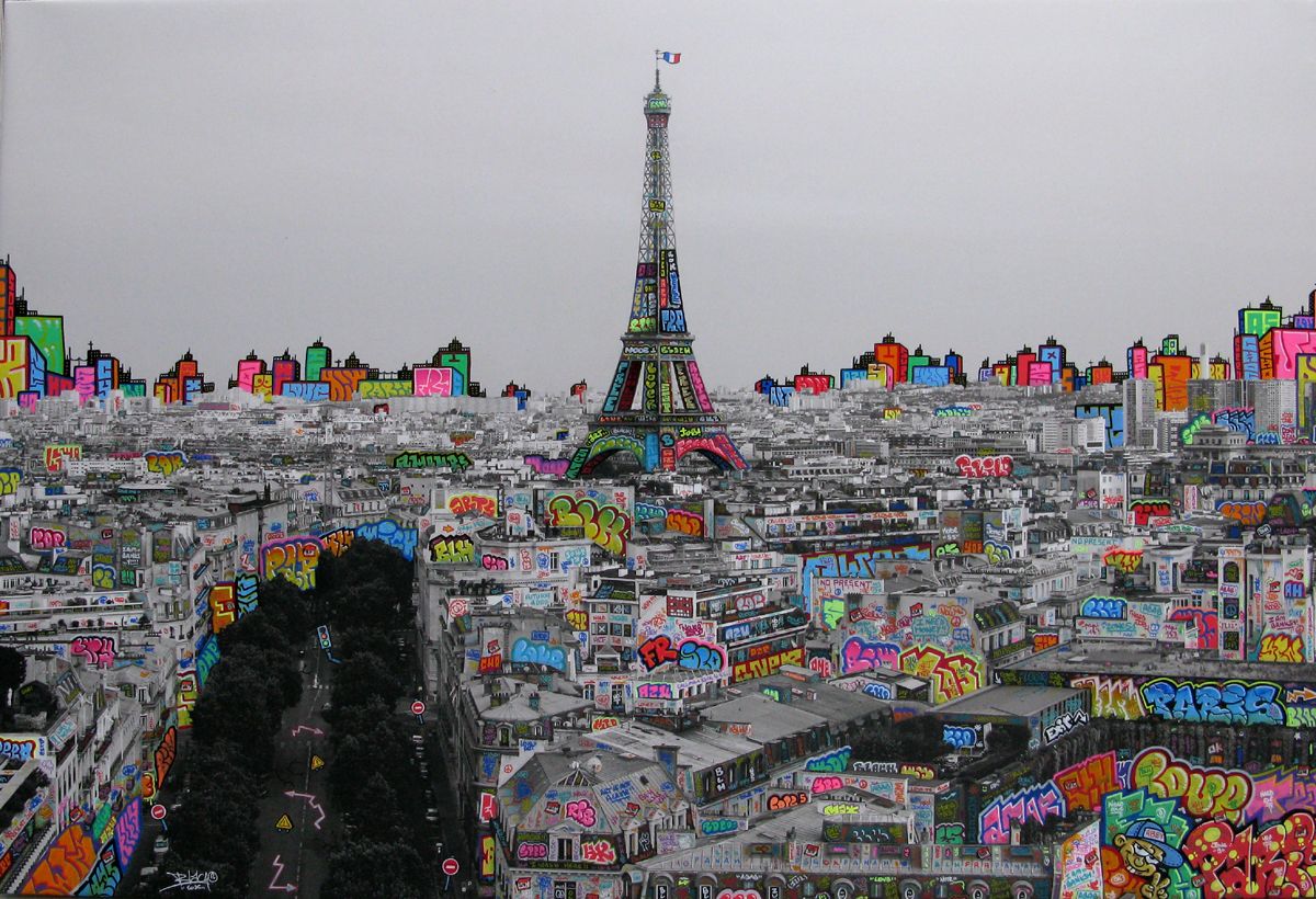 Editions d'art de BLACH a pour titre  Paris panoramique en noir et blanc style graffiti, street pop art dim : BLACHprix:1500