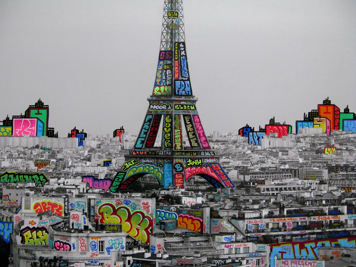 Editions d'art de BLACH a pour titre  Paris panoramique en noir et blanc style graffiti, street pop art dim : BLACHprix:1500