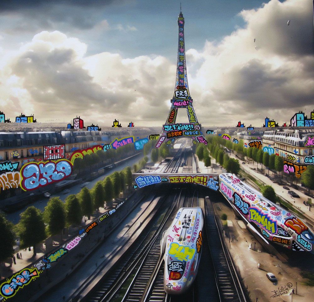 Tableau de BLACH a pour titre  Paris train 3052 style graffiti, street art dim : BLACHprix:450