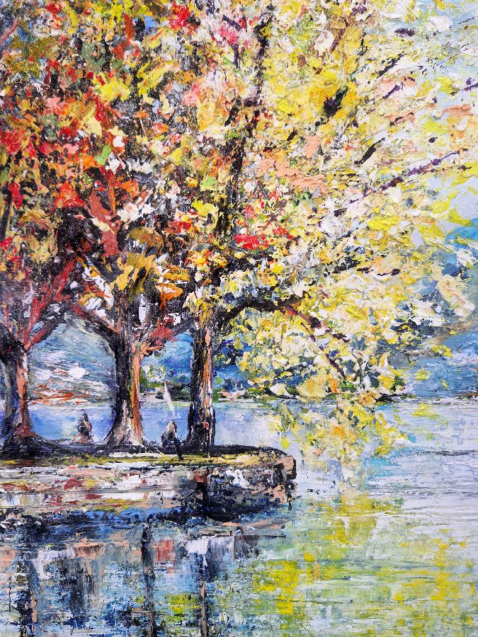 Tableau de PHIL a pour titre  Rives du lac d'Annecy style figuratif dim : PHILprix:250
