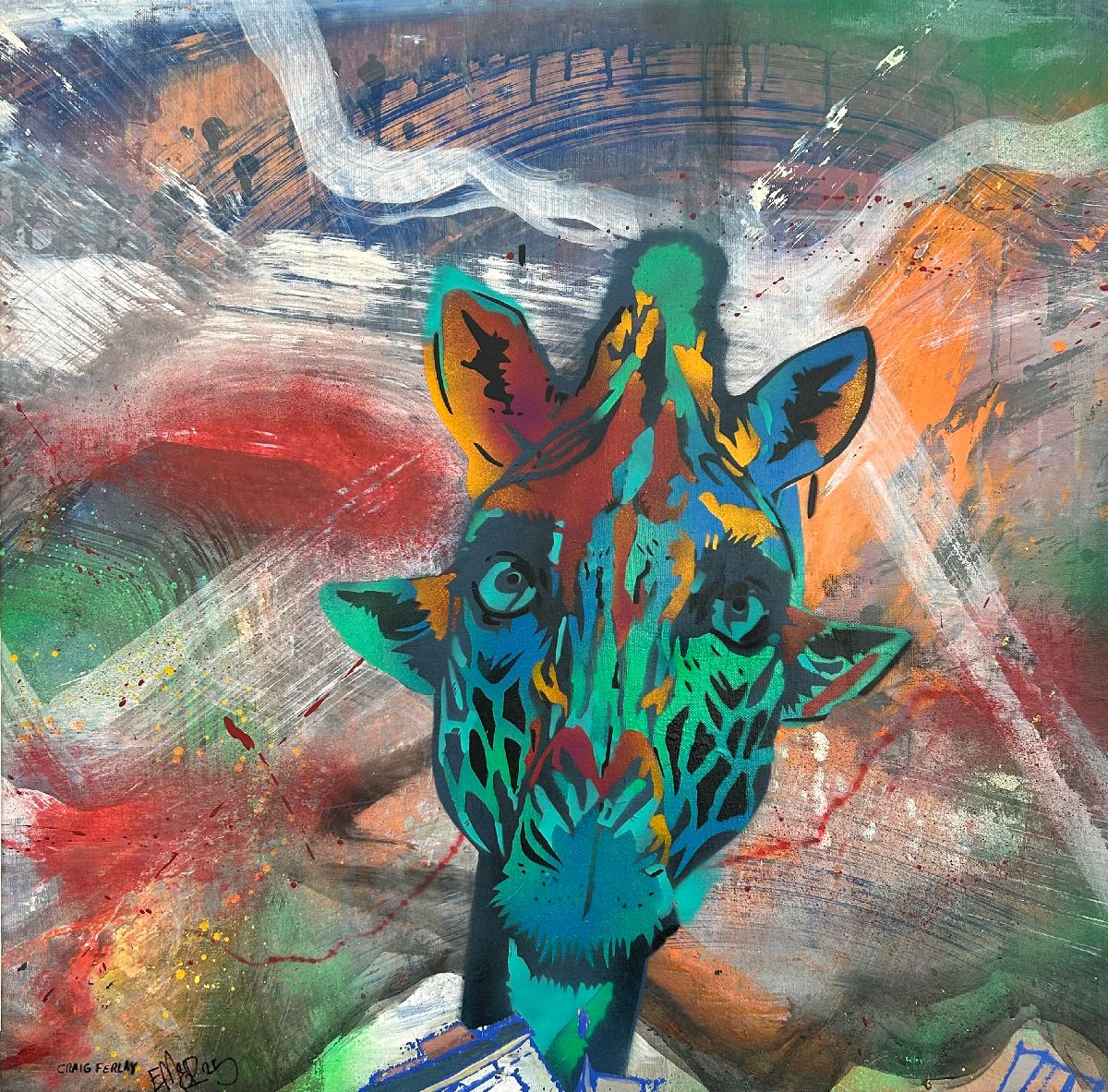 Tableau de Craig & Emer a pour titre  Francky la girafe style graffiti, street art dim : Craig & Emerprix:400