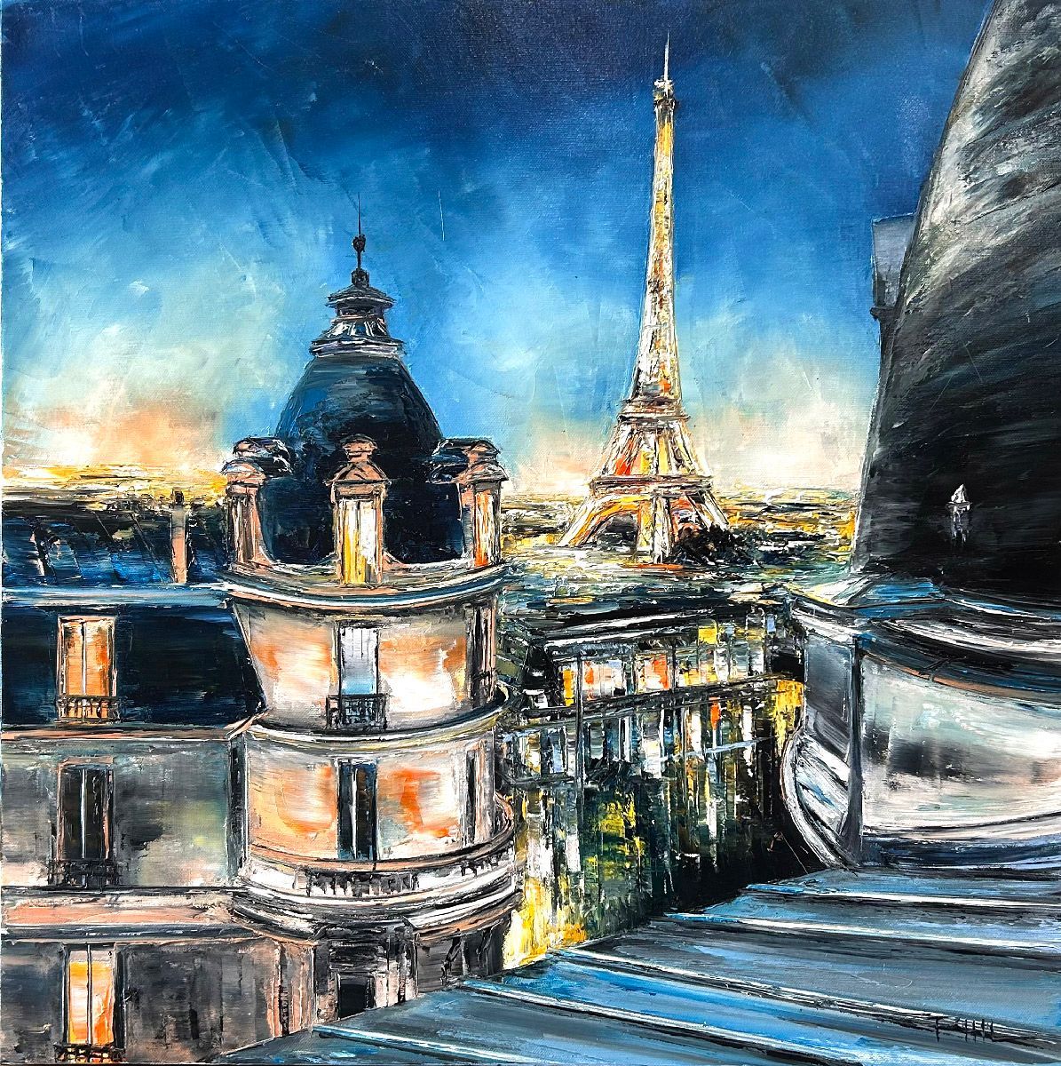 Tableau de PHIL a pour titre  Sur les toits de Paris style figuratif dim : PHILprix:350