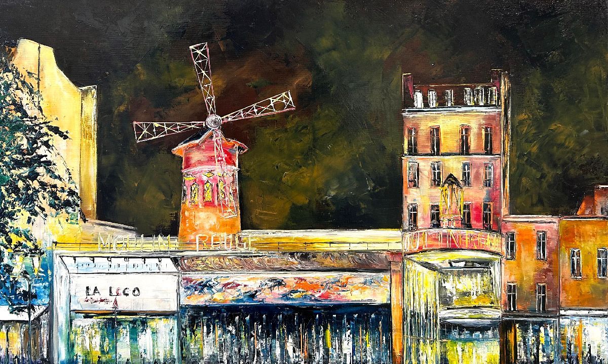 Tableau de PHIL a pour titre  Le moulin rouge style figuratif dim : PHILprix:600