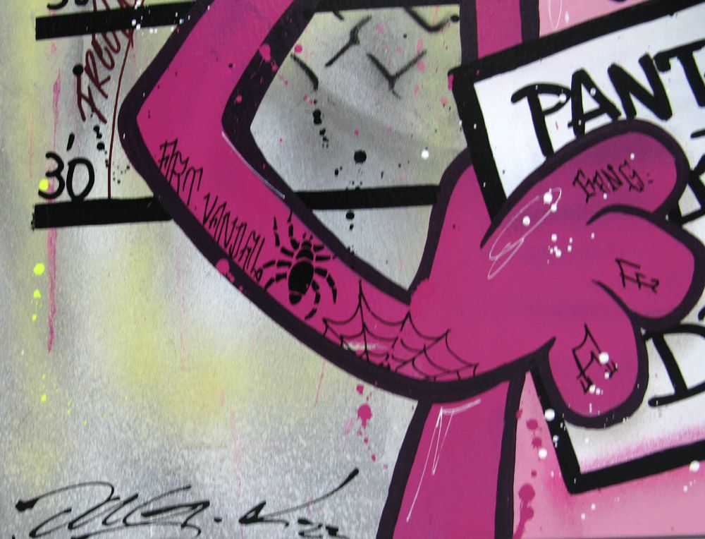 Tableau de JUG a pour titre  PINK JAIL style street pop art dim : JUGprix:700
