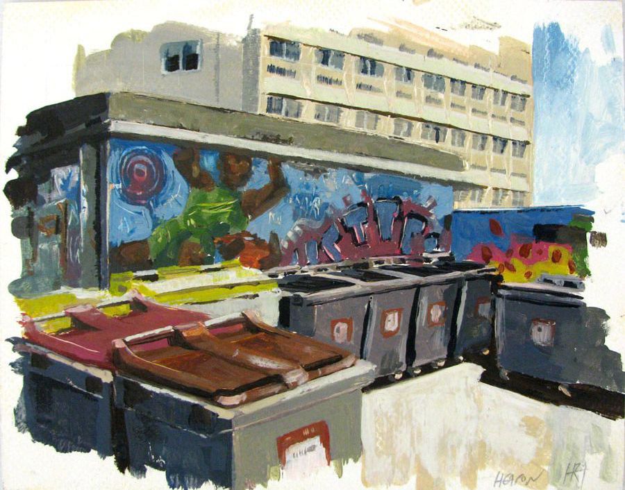 Dessin de HEATON RUDYARD a pour titre  POUBELLES A CHOISY style figuratif dim : HEATON RUDYARDprix:110
