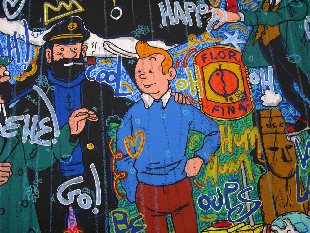Tableau de RICO SAB a pour titre  ENJOY EVERY MOMENT TINTIN style graphique dim : RICO SABprix:2200