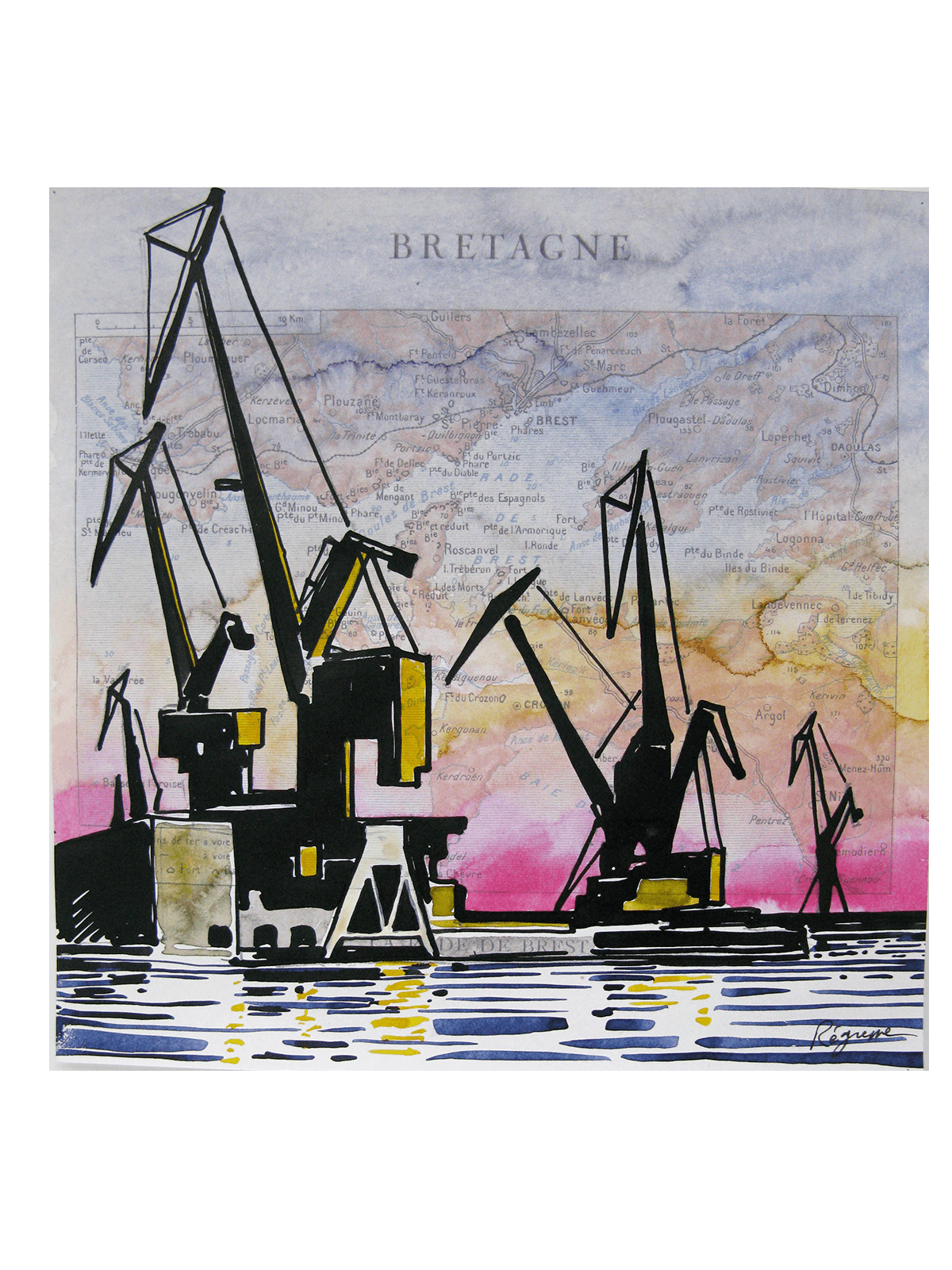 Dessin de CYRIL REGUERRE a pour titre  RADE DE BREST style figuratif dim : CYRIL REGUERREprix:70