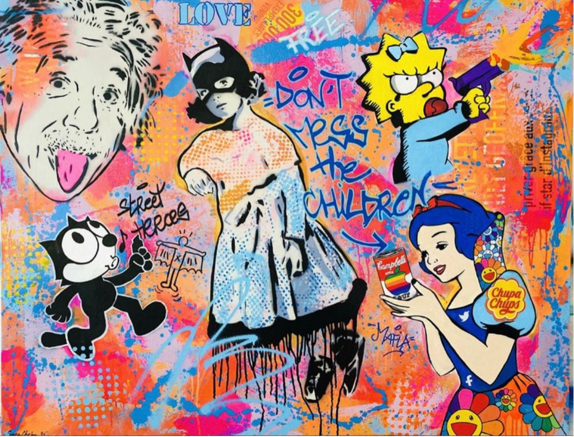 Tableau de SARA CHELOU a pour titre  Don't Mess the Children style street pop art, street art dim : SARA CHELOUprix:1700