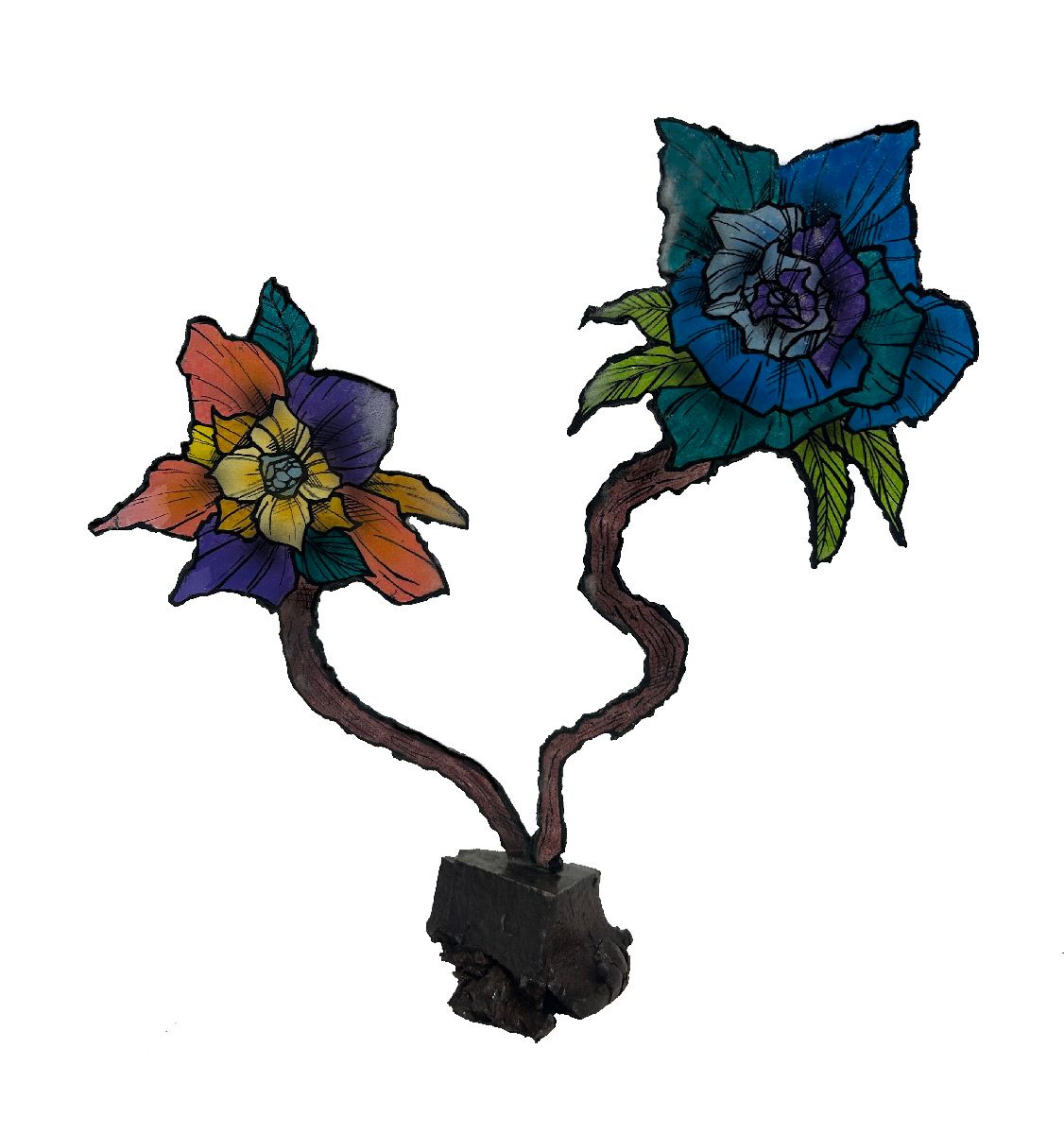 Sculpture de EMER a pour titre  Deux fleurs (rose et bleu) style graphique dim : EMERprix:240