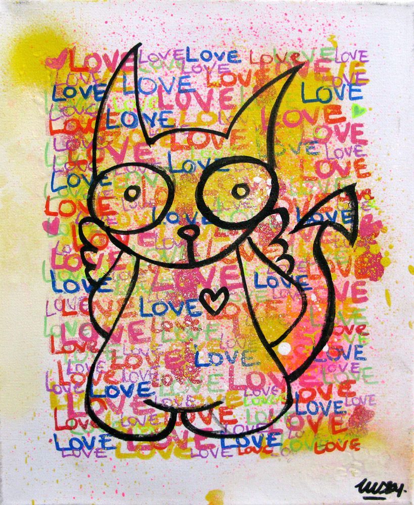 Tableau de LUSSY a pour titre  cat white 2 style graffiti, street pop art dim : LUSSYprix:80