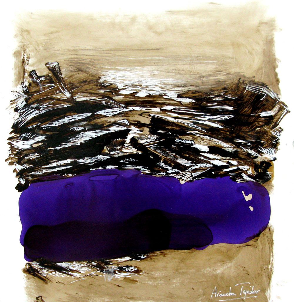 Dessin abstrait petit format bleu et violet SERIE LAQUE 9 – ARANCHA TEJEDOR – 30 × 30 cm