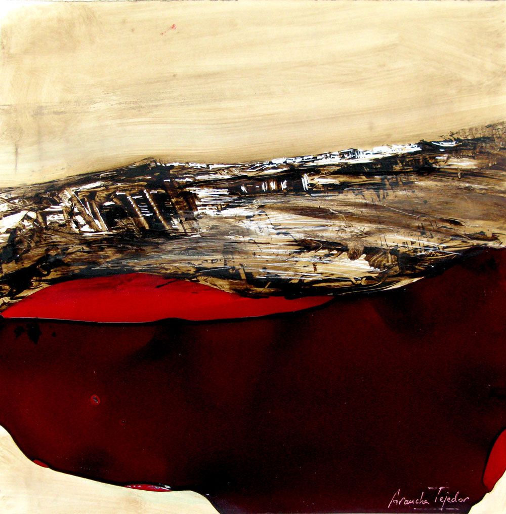 Dessin abstrait petit format rouge SERIE LAQUE 2 – ARANCHA TEJEDOR – 30 × 30 cm
