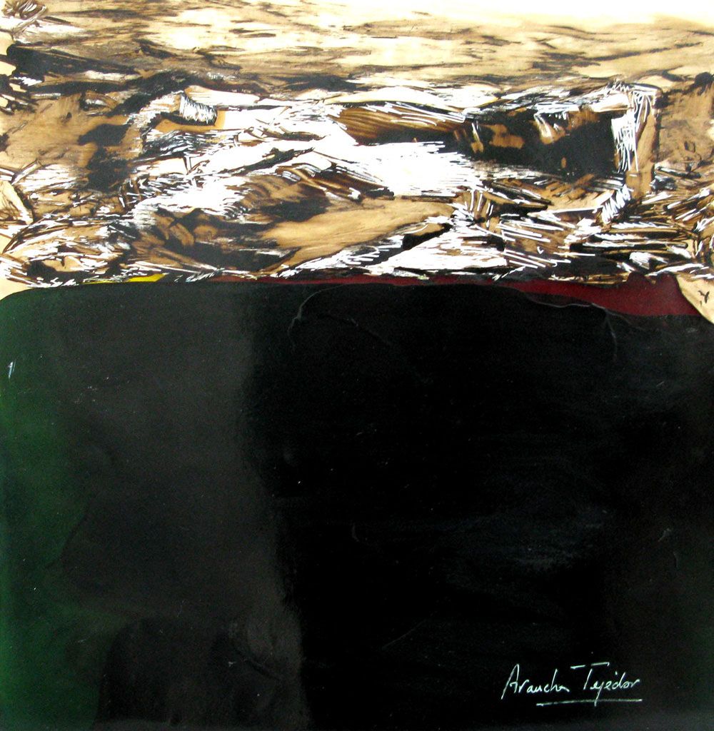 Dessin abstrait petit format vert SERIE LAQUE 10 – ARANCHA TEJEDOR – 30 × 30 cm