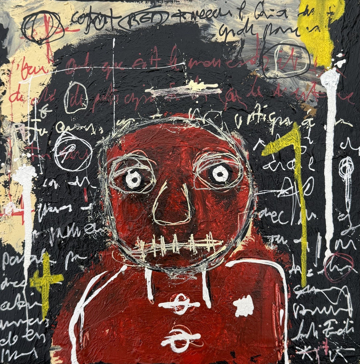 dessin acrylique technique mixte sur carton en noir et rouge de Larbi Zaidi, petit format 19 x 19 cm