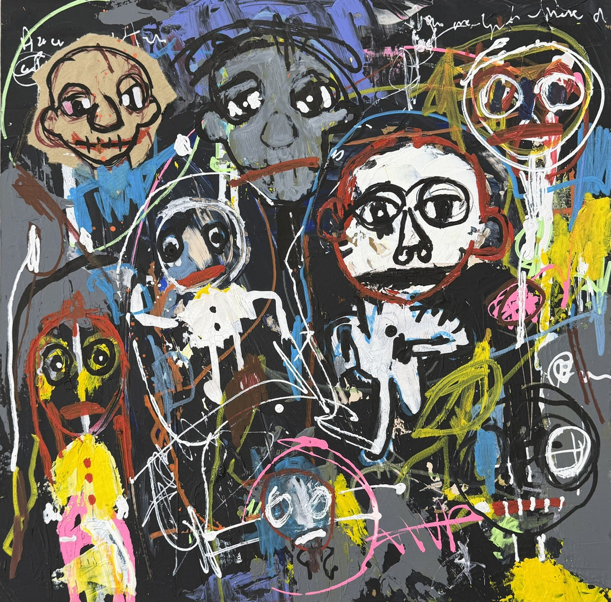 Dessin acrylique et technique mixte sur carton de Larbi Zaidi, Exhibition V, 36 x 36 cm, multicolore
