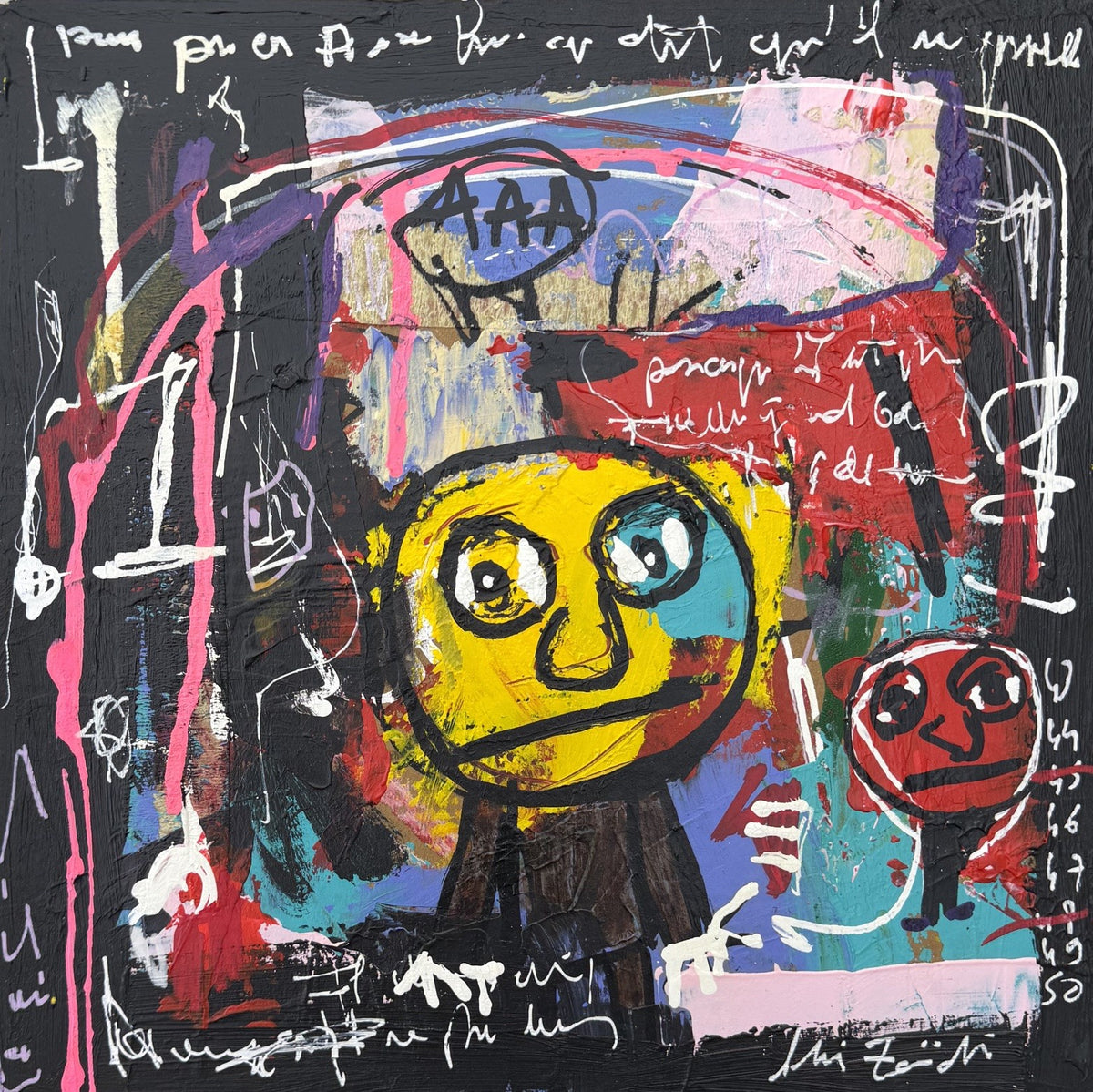 Dessin acrylique technique mixte sur carton de Larbi Zaidi, petit format 25 x 25 cm, multicolore, art brut