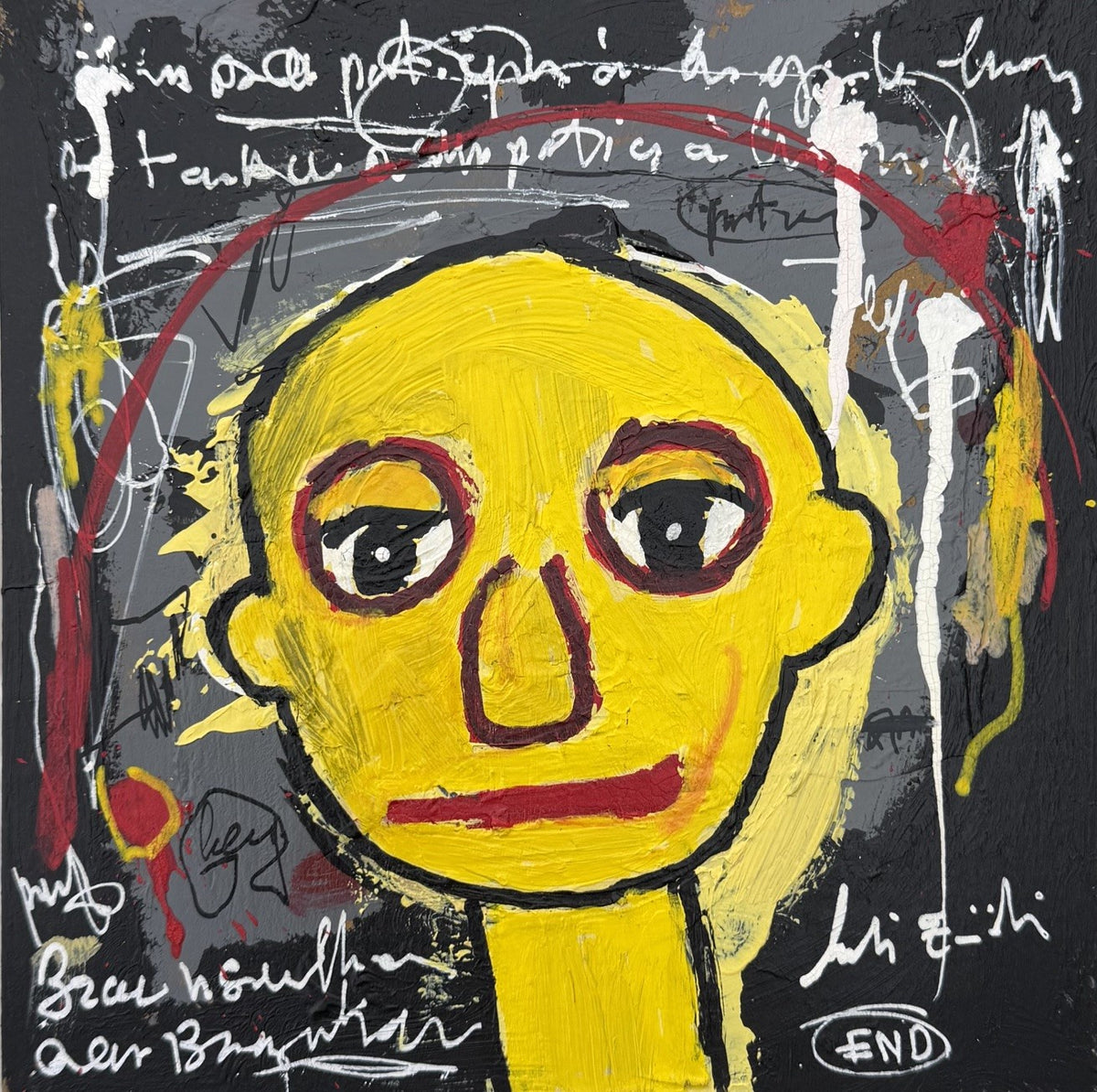 Dessin art brut acrylique et technique mixte sur carton en noir et jaune, petit format 19x19 cm, Larbi Zaidi