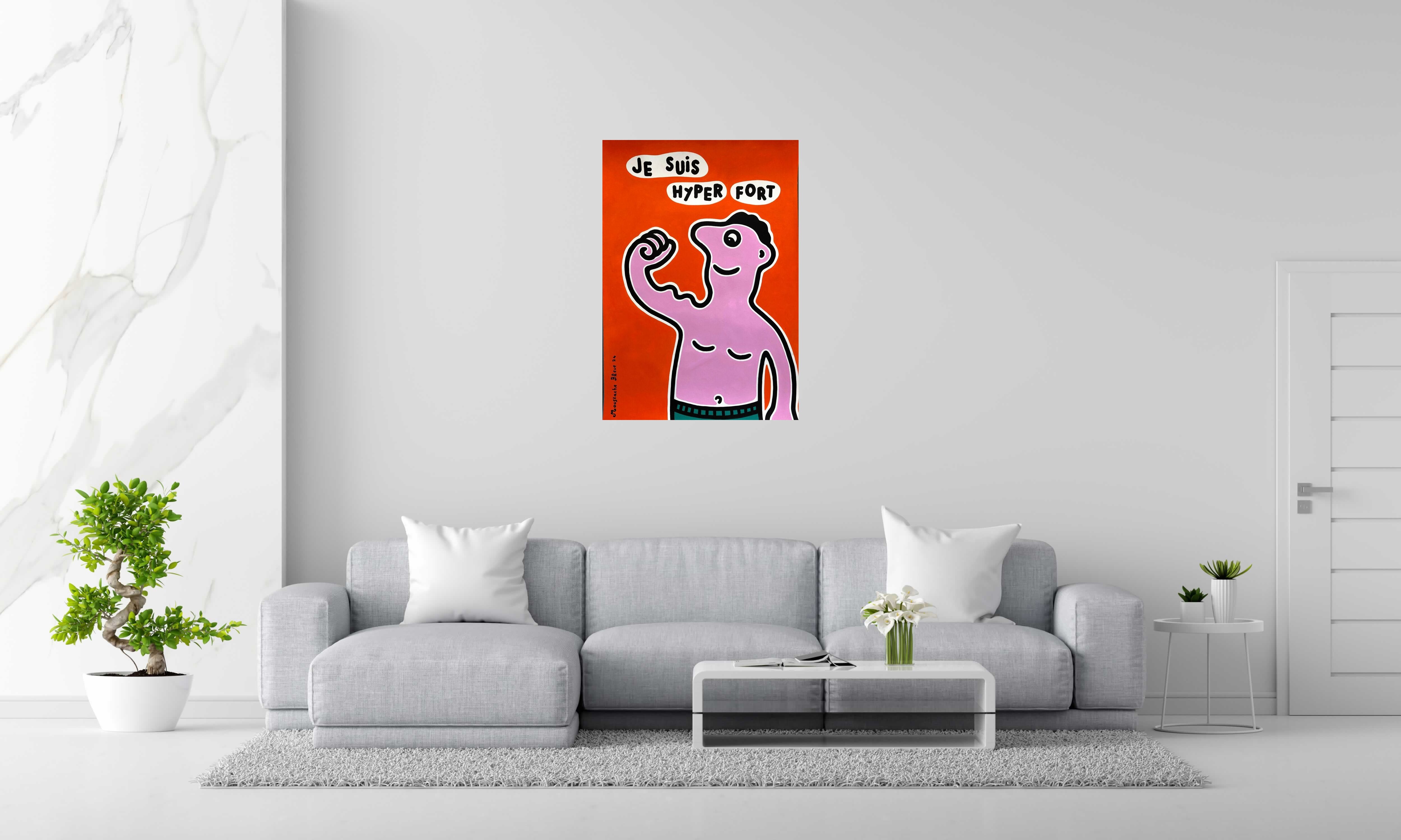 Dessin Je suis hyper fort de MOUSTACHE BLEUE dans un intérieur – 70 × 100 cm