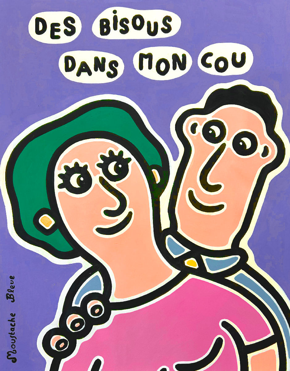 Dessin figuratif moyen format bleu Des Bisous dans mon cou – MOUSTACHE BLEUE – 50 × 65 cm