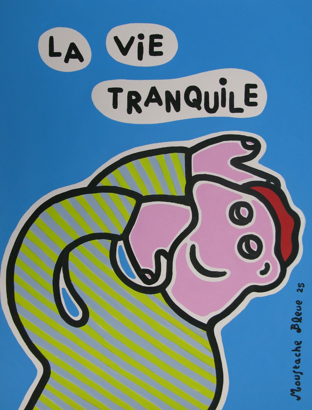 Dessin figuratif moyen format bleu La vie tranquile – MOUSTACHE BLEUE – 50 × 65 cm