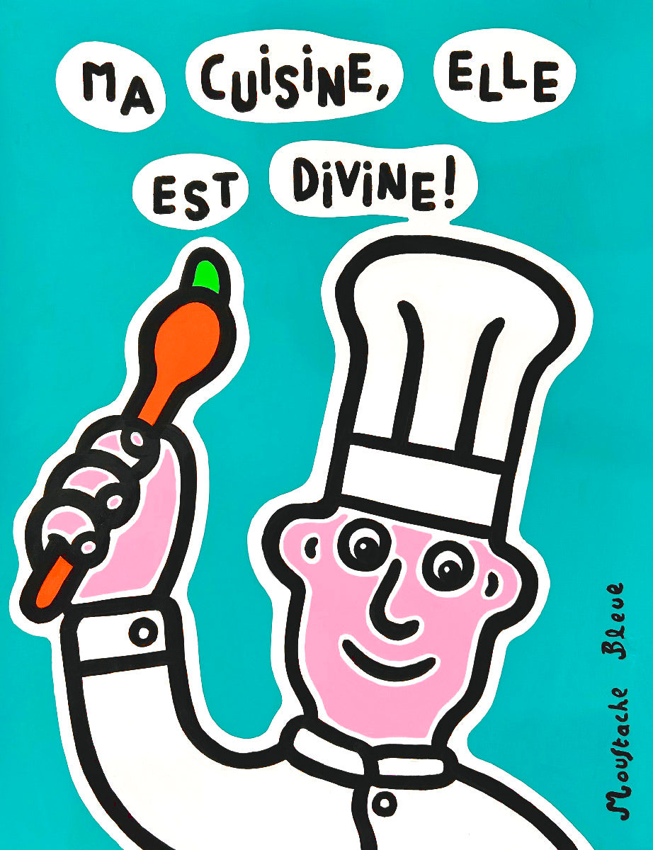 Dessin figuratif moyen format bleu Ma cuisine, elle est divine ! – MOUSTACHE BLEUE – 50 × 65 cm