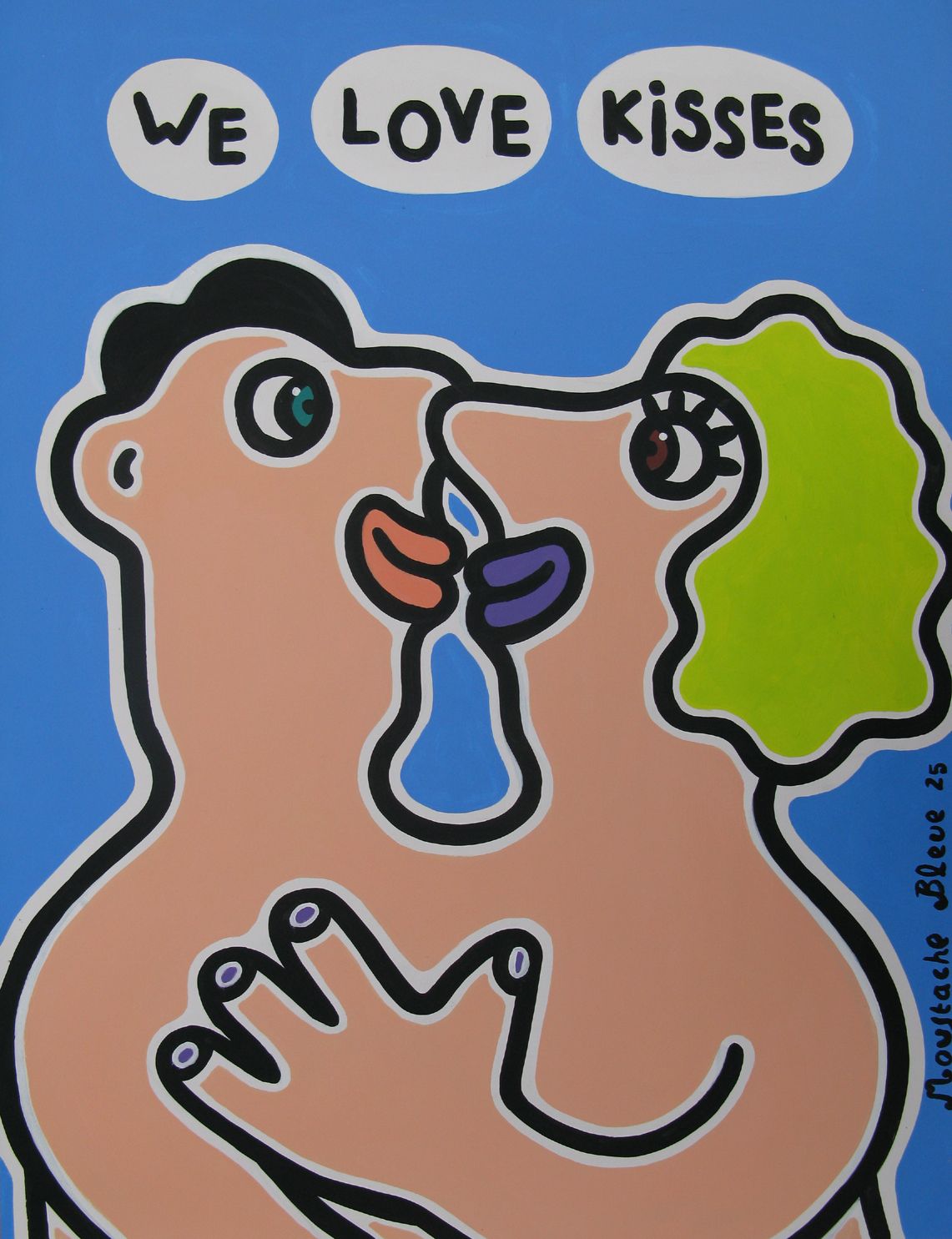 Dessin figuratif moyen format bleu We love kisses 3 – MOUSTACHE BLEUE – 50 × 65 cm