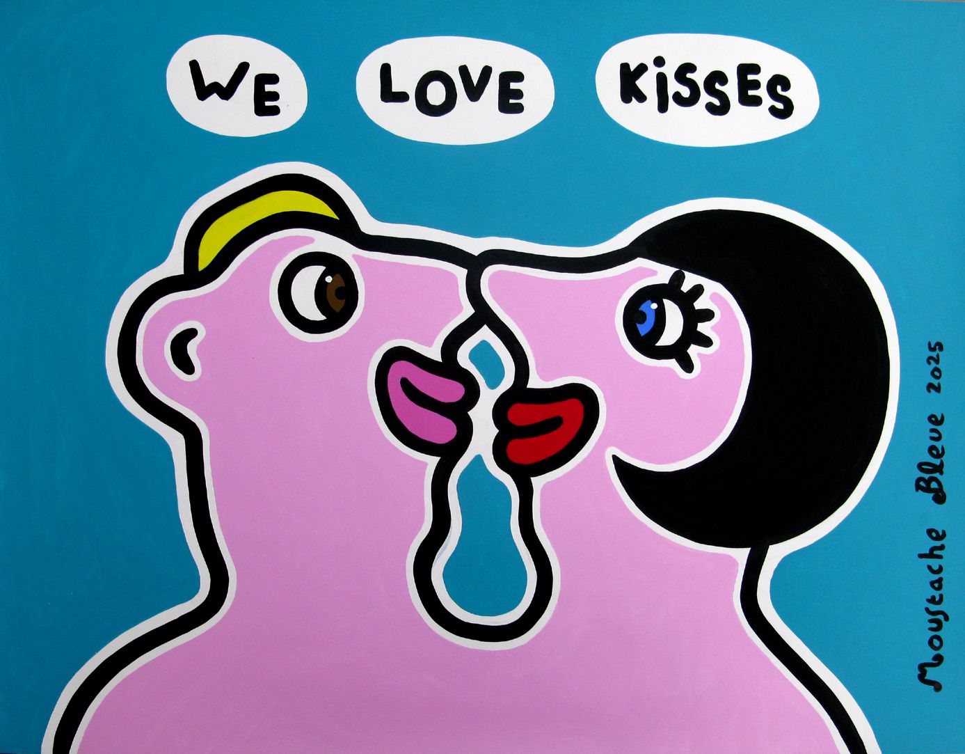 Dessin figuratif moyen format bleu We love kisses – MOUSTACHE BLEUE – 50 × 65 cm