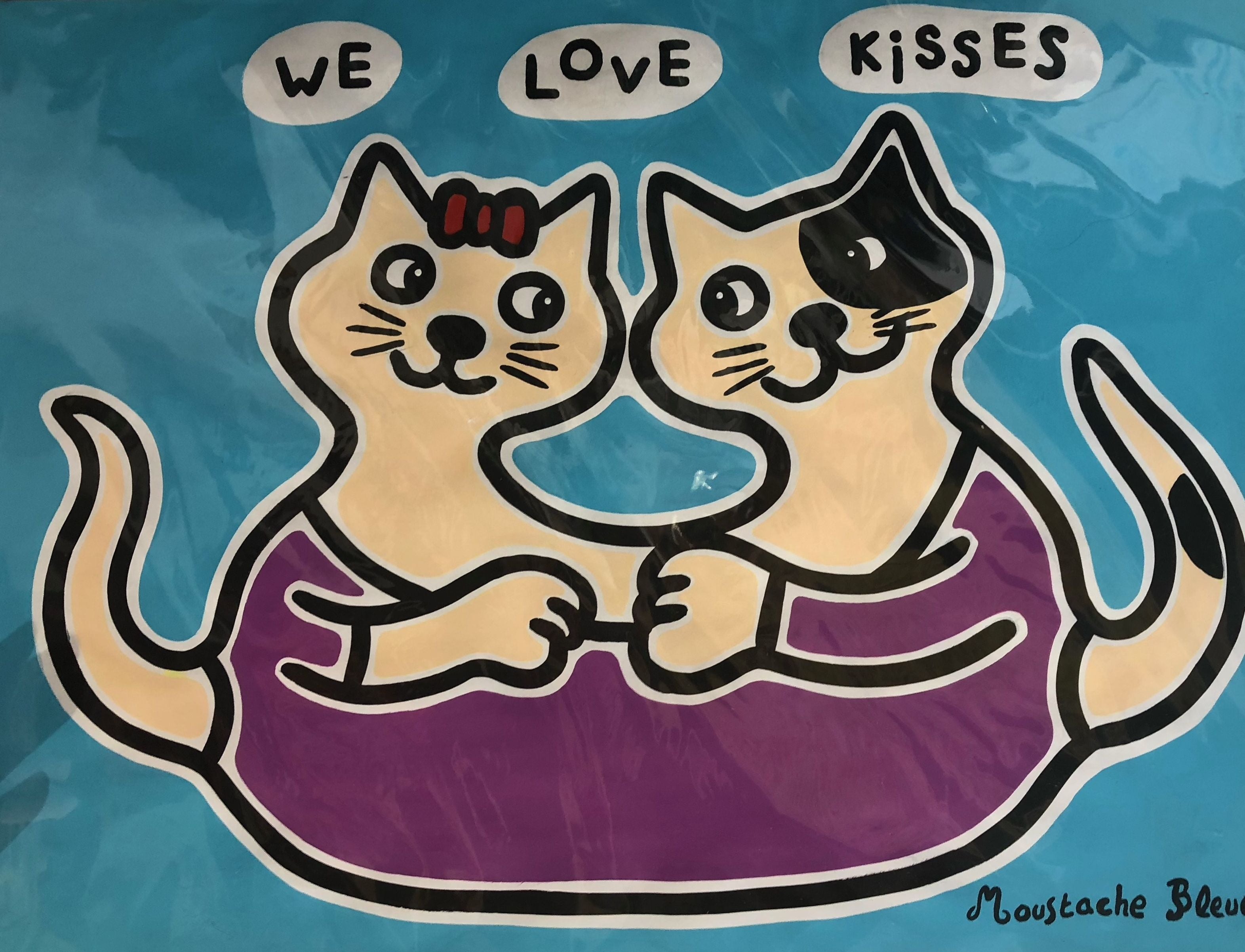 Dessin figuratif moyen format bleu et violet We love kisses – MOUSTACHE BLEUE – 50 × 65 cm
