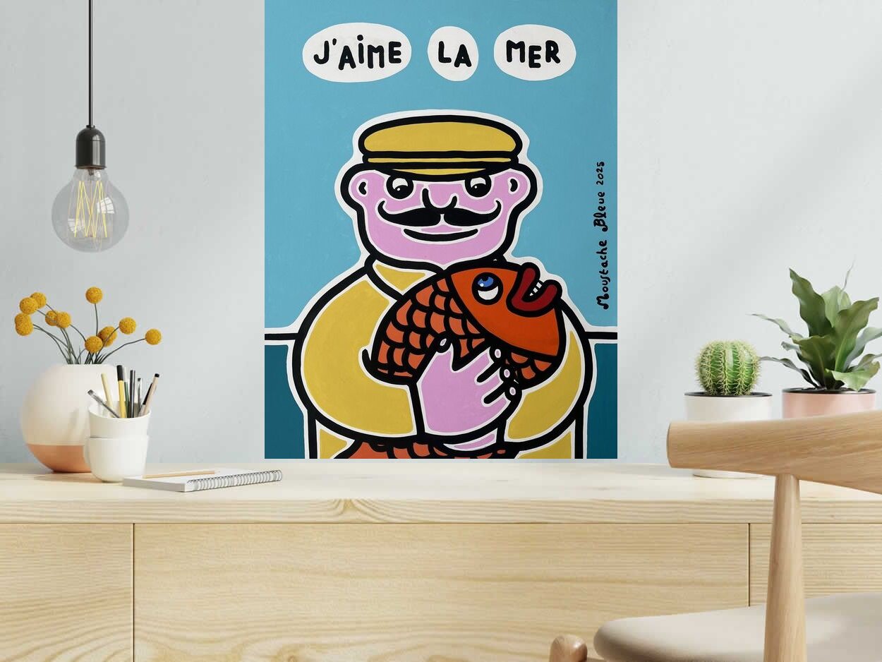 Dessin J'aime la mer de MOUSTACHE BLEUE dans un intérieur – 50 × 65 cm