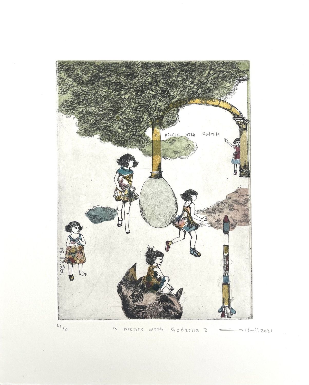 Dessin figuratif petit format a picnic with Godzilla 2 – ATSUKO ISHII – 30 × 24 cm