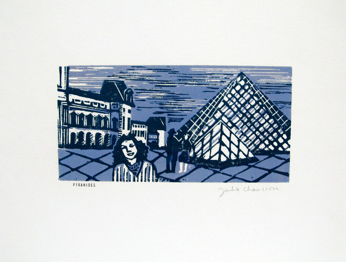 Dessin figuratif petit format bleu et gris PYRAMIDES – JULIA CHAUSSON – 25 × 33 cm