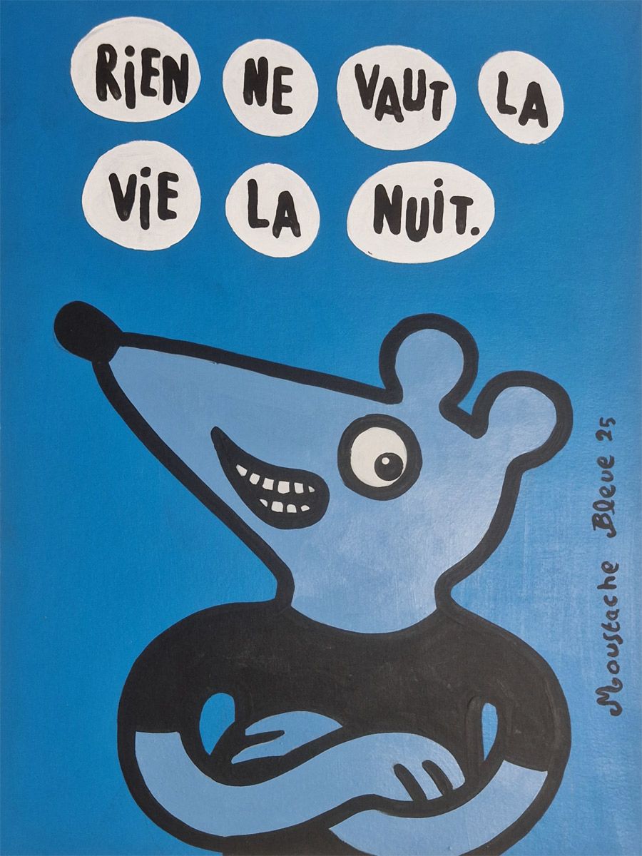 Dessin figuratif petit format bleu Rien ne vaut la vie la nuit – MOUSTACHE BLEUE – 30 × 40 cm