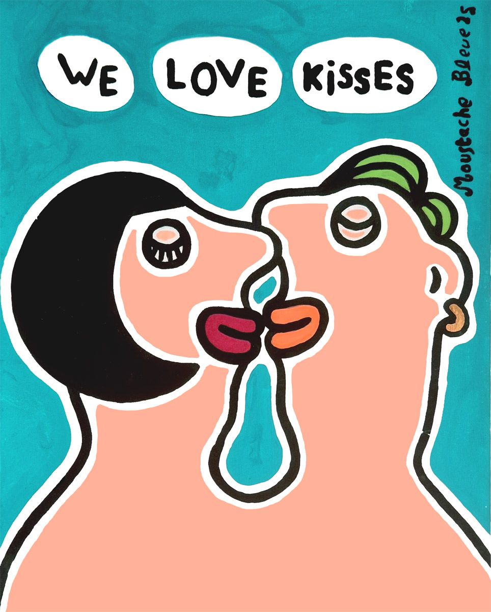 Dessin figuratif petit format bleu We love kisses – MOUSTACHE BLEUE – 30 × 24 cm
