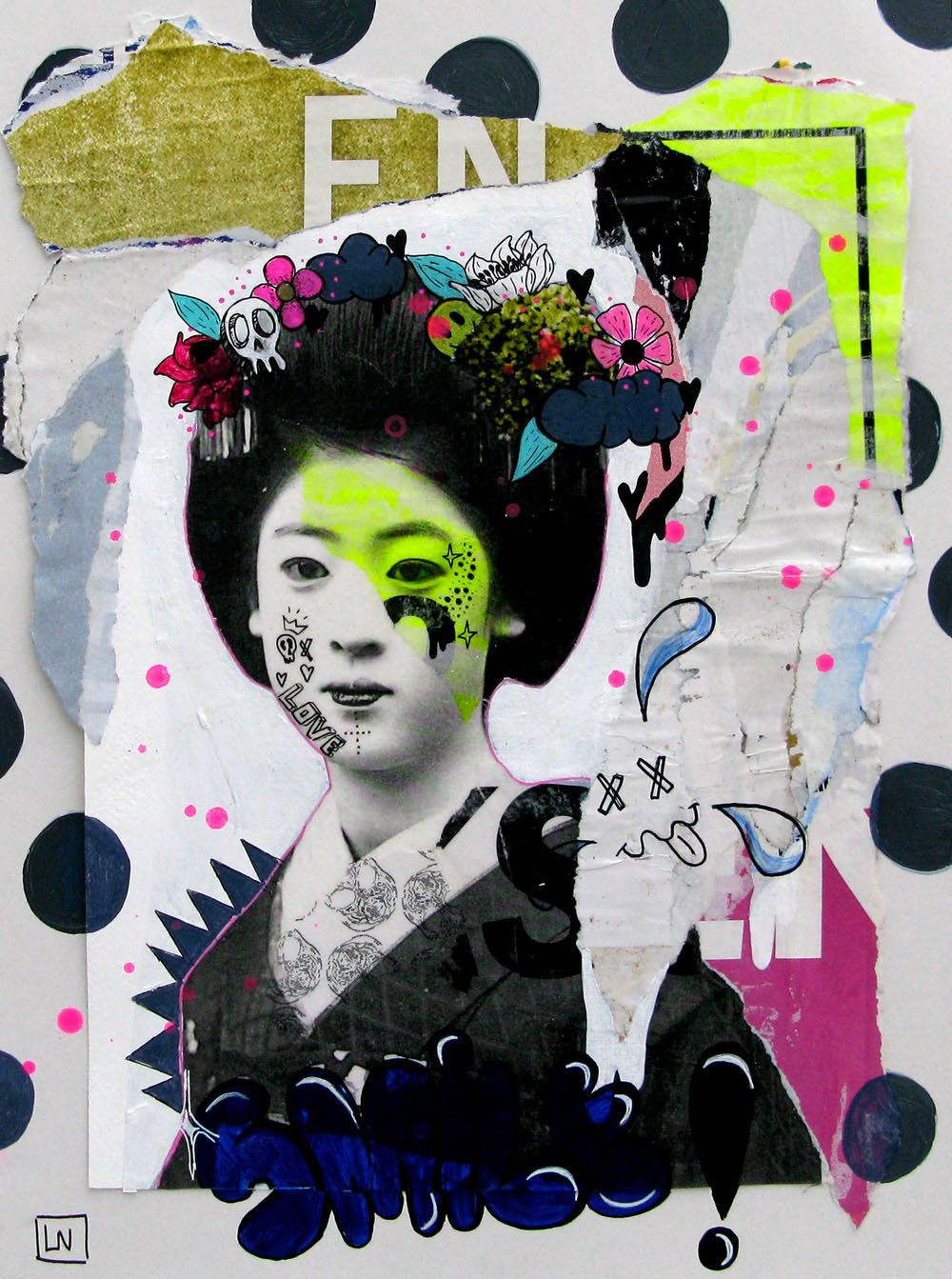 Dessin figuratif petit format SERIE GEISHA POP 3 – LN LE PAPE – 30 × 40 cm