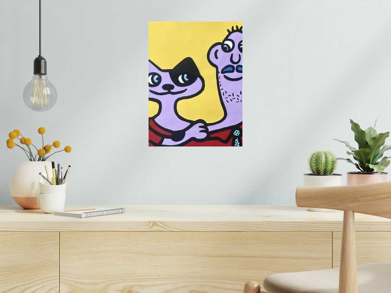 Dessin Chat violet de MOUSTACHE BLEUE dans un intérieur – 30 × 40 cm