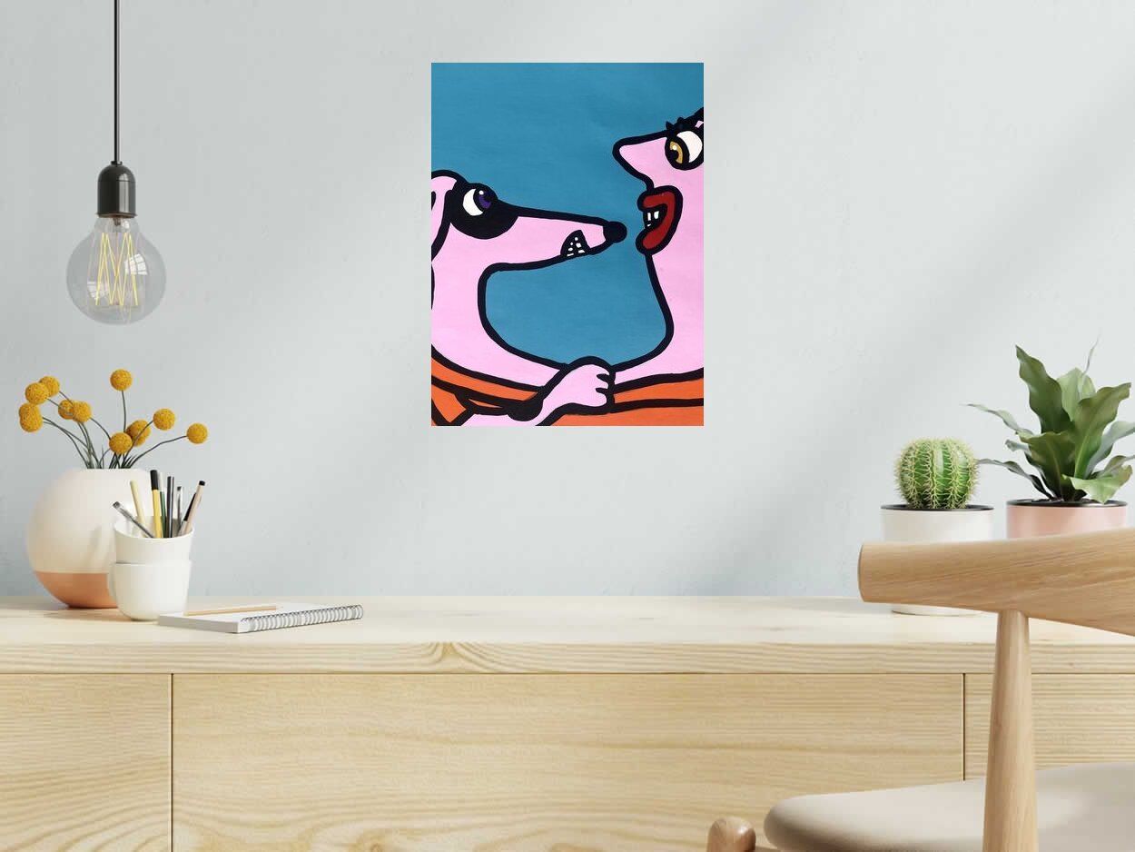 Dessin Face to face de MOUSTACHE BLEUE dans un intérieur – 30 × 40 cm