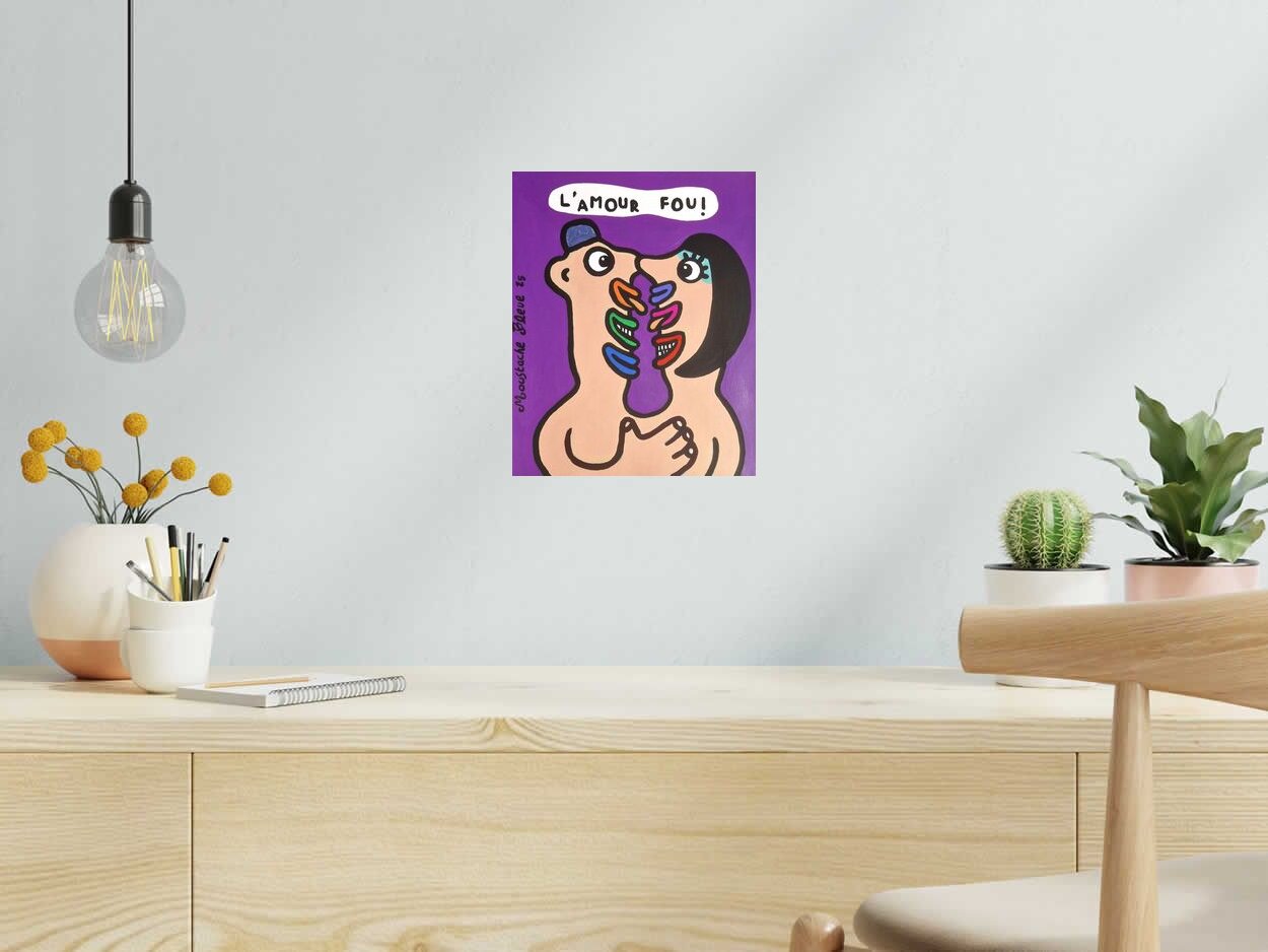 Dessin L'amour fou de MOUSTACHE BLEUE dans un intérieur – 24 × 30 cm