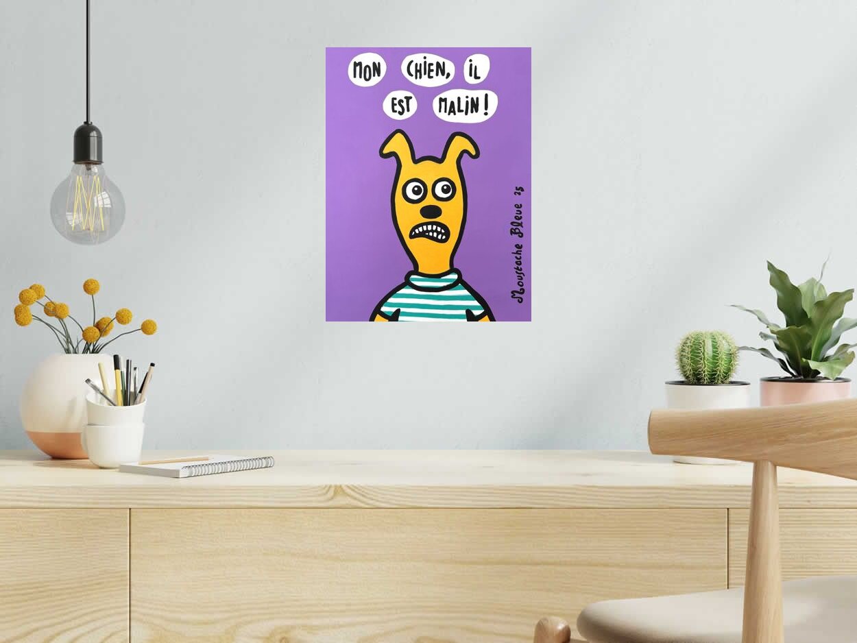 Dessin Mon chien, il est malin ! de MOUSTACHE BLEUE dans un intérieur – 30 × 40 cm