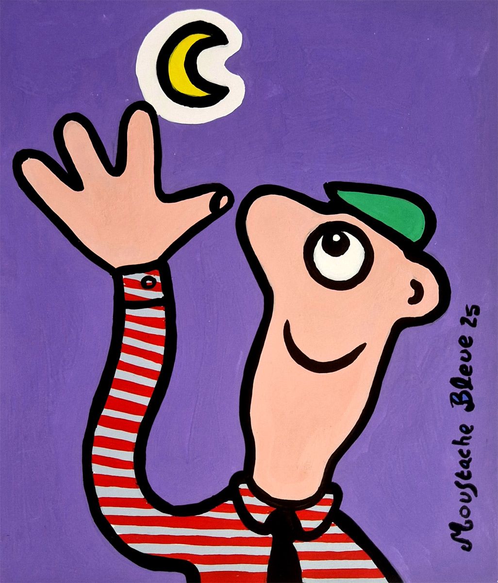 Dessin figuratif petit format orange Je suis dans la lune – MOUSTACHE BLEUE – 21 × 25 cm