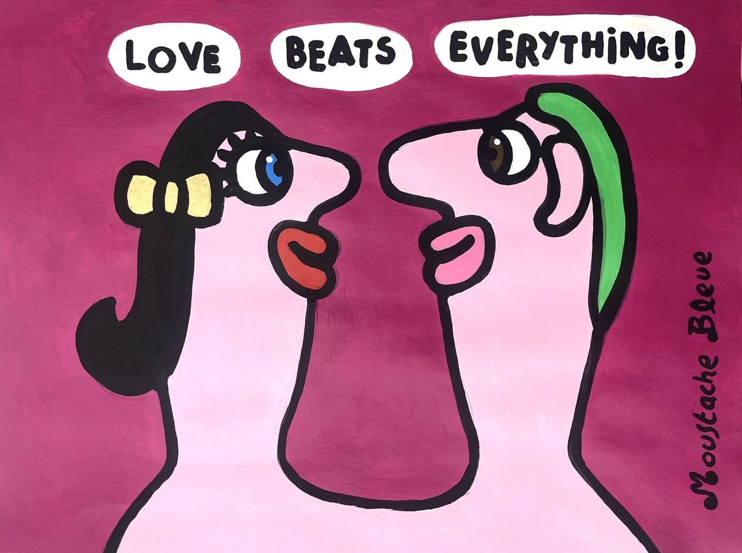 Dessin figuratif petit format rose Love beats everything! – MOUSTACHE BLEUE – 30 × 40 cm