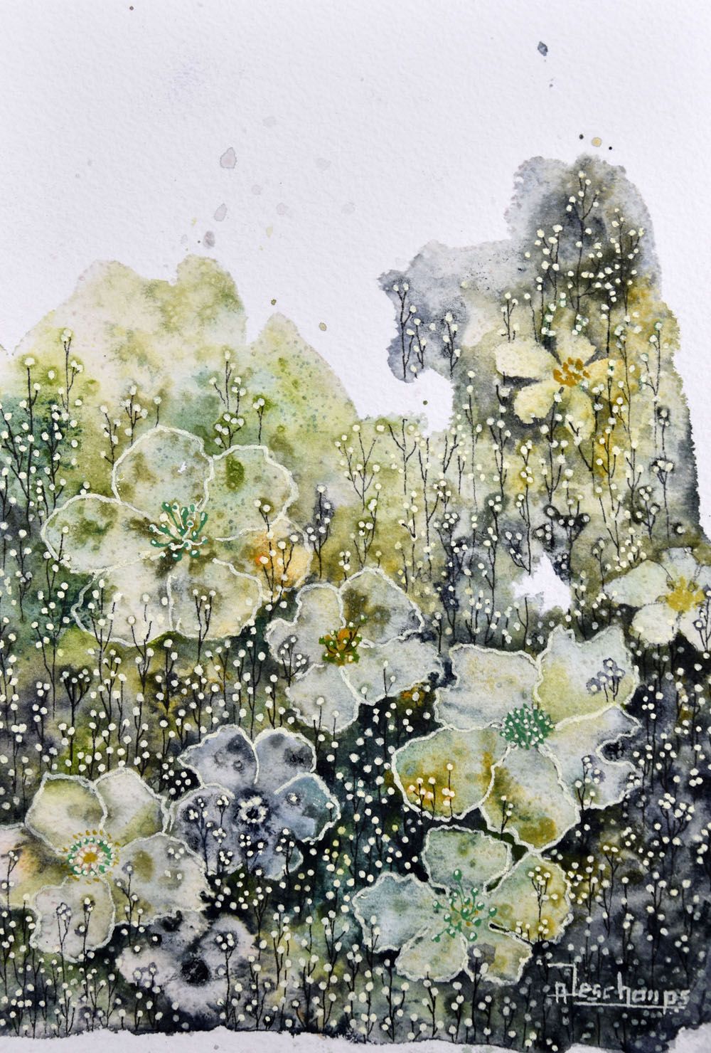 Dessin figuratif petit format vert CHAMPS DE LUCIOLES – AMANDINE DESCHAMPS – 21 × 15 cm